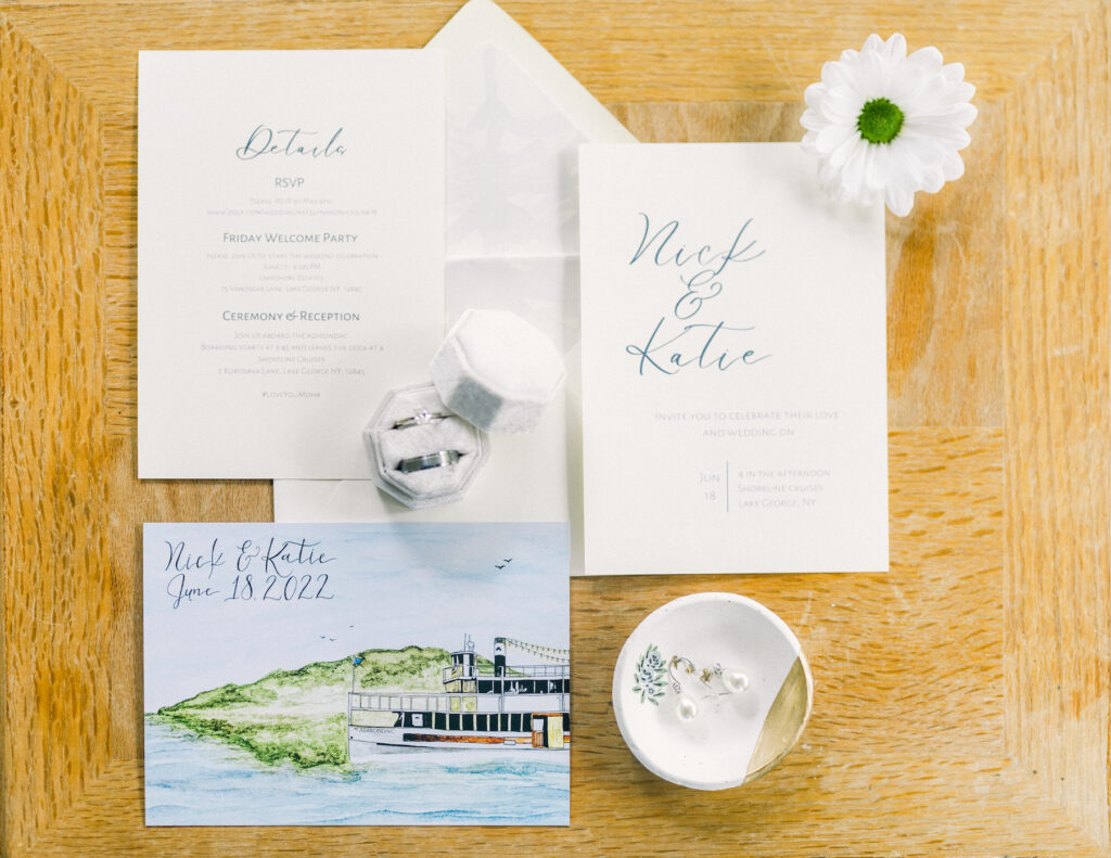 Katie and Nick's Lake George wedding invitations and stationary.
