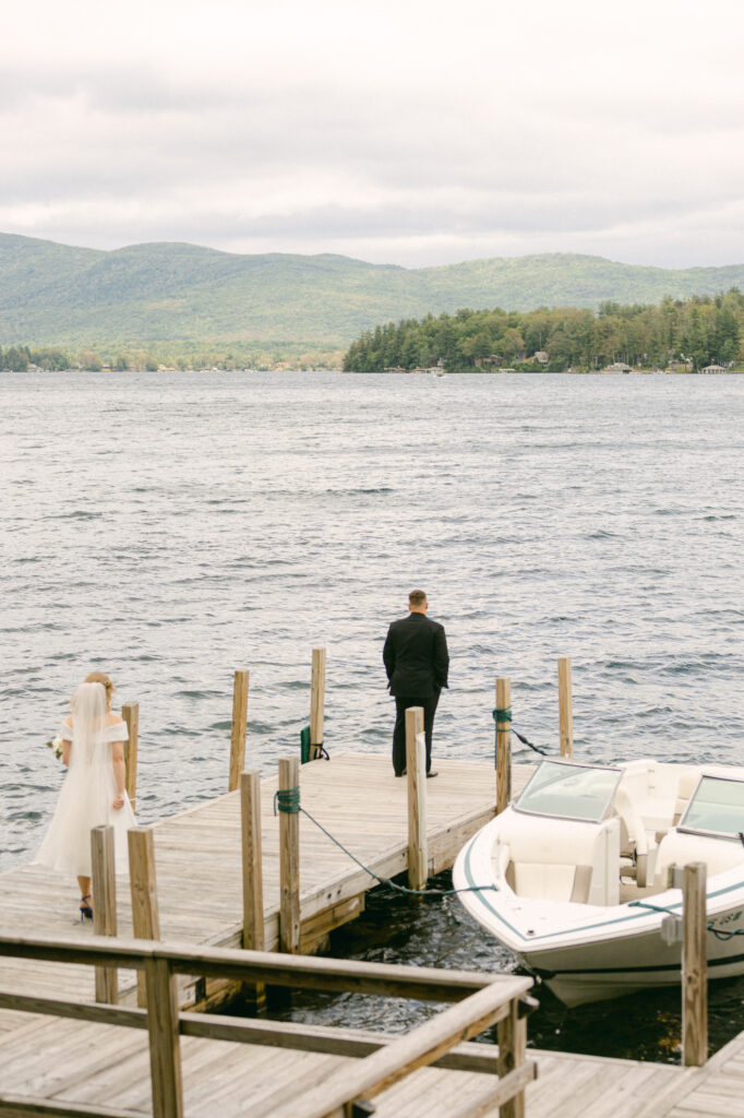 The first look in front of Lake George before the wedding ceremony.
