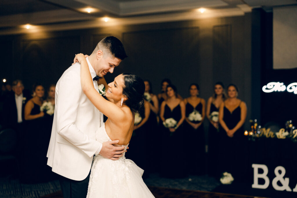 The bride and groom dancing at a Queensbury Hotel wedding reception. 