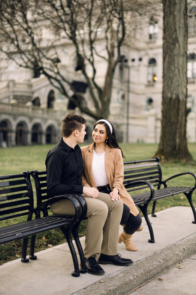 Outdoor, winter engagement session in downtown Albany, New York.