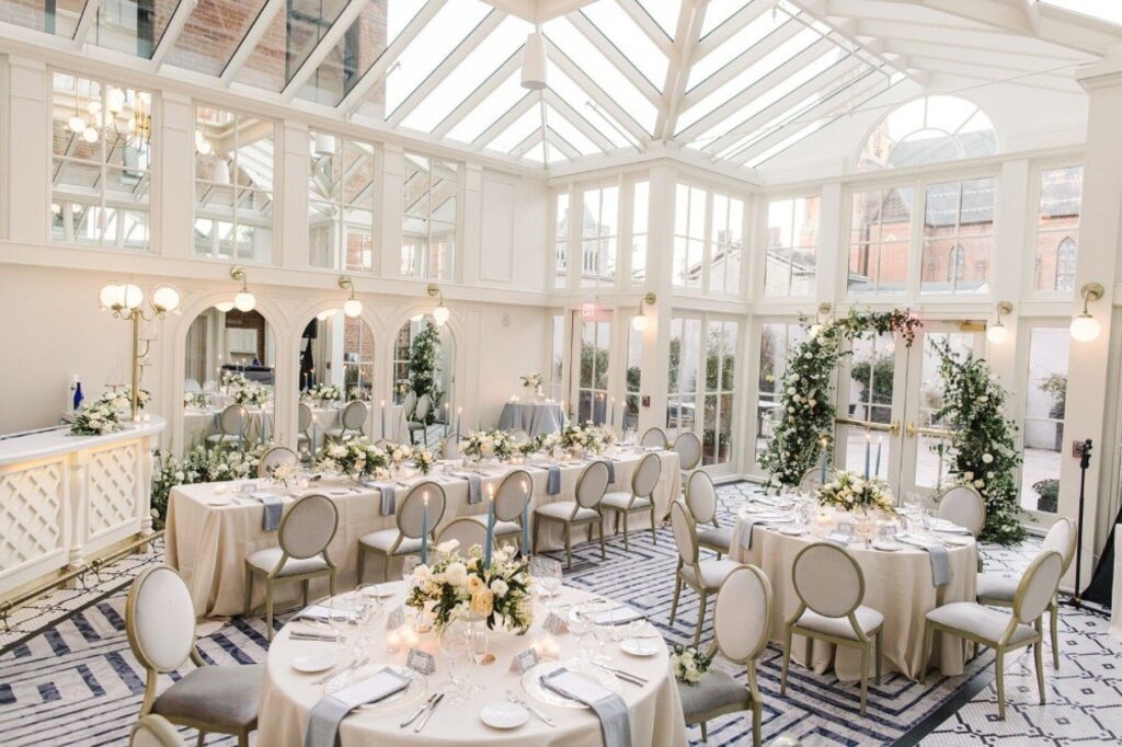 The Adelphi Hotel indoor wedding reception venue showing bright and natural space for guests to dine.