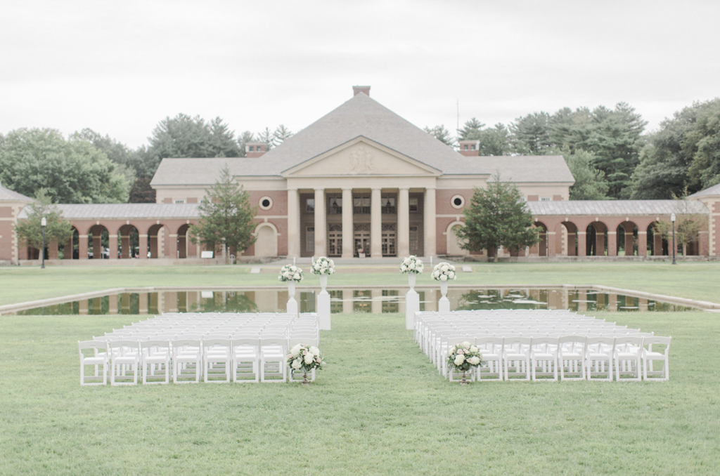 Ceremony setup on the grounds of Hall of Springs for an outdoor wedding ceremony in Saratoga Springs.